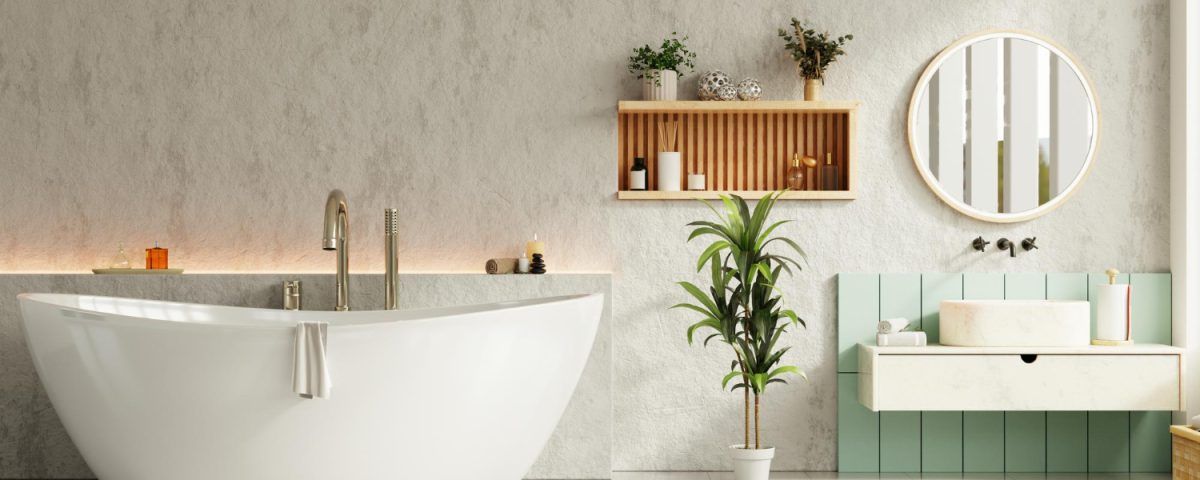 Căzi freestanding albă într-o baie modernă cu decor minimalist și plante verzi