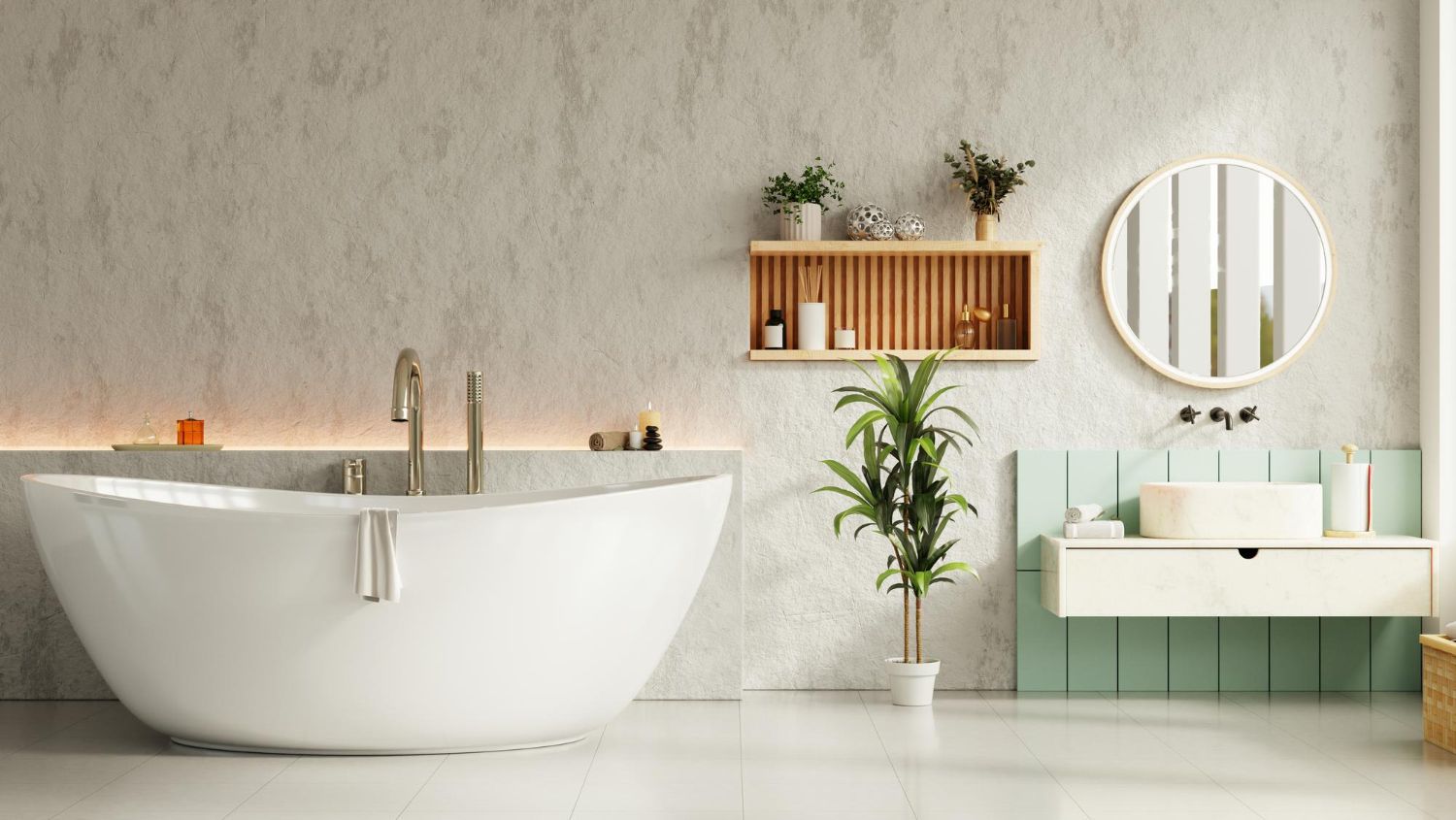 Căzi freestanding albă într-o baie modernă cu decor minimalist și plante verzi